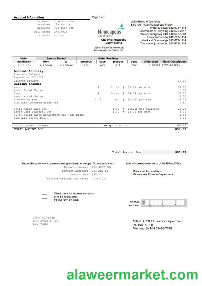 USA Minnesota Minneapolis City of Lakes utility bill template in Word and PDF format